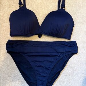 Tommy Bahama Navy Bikini Set XL Adjustable Strap Top Bottoms DD Tortoise Detail